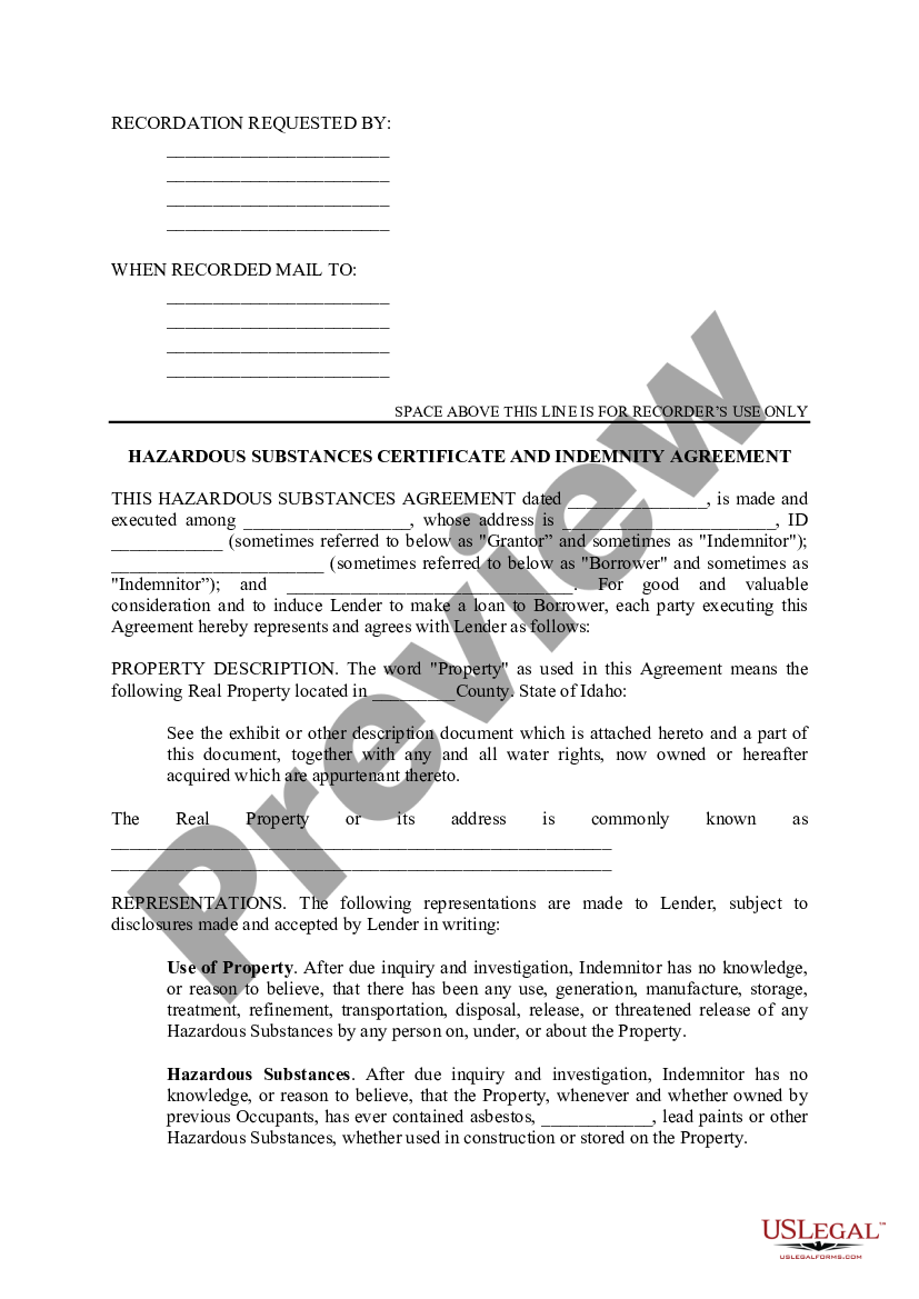 Idaho Hazardous Substances Certificate And Indemnity Agreement | US ...