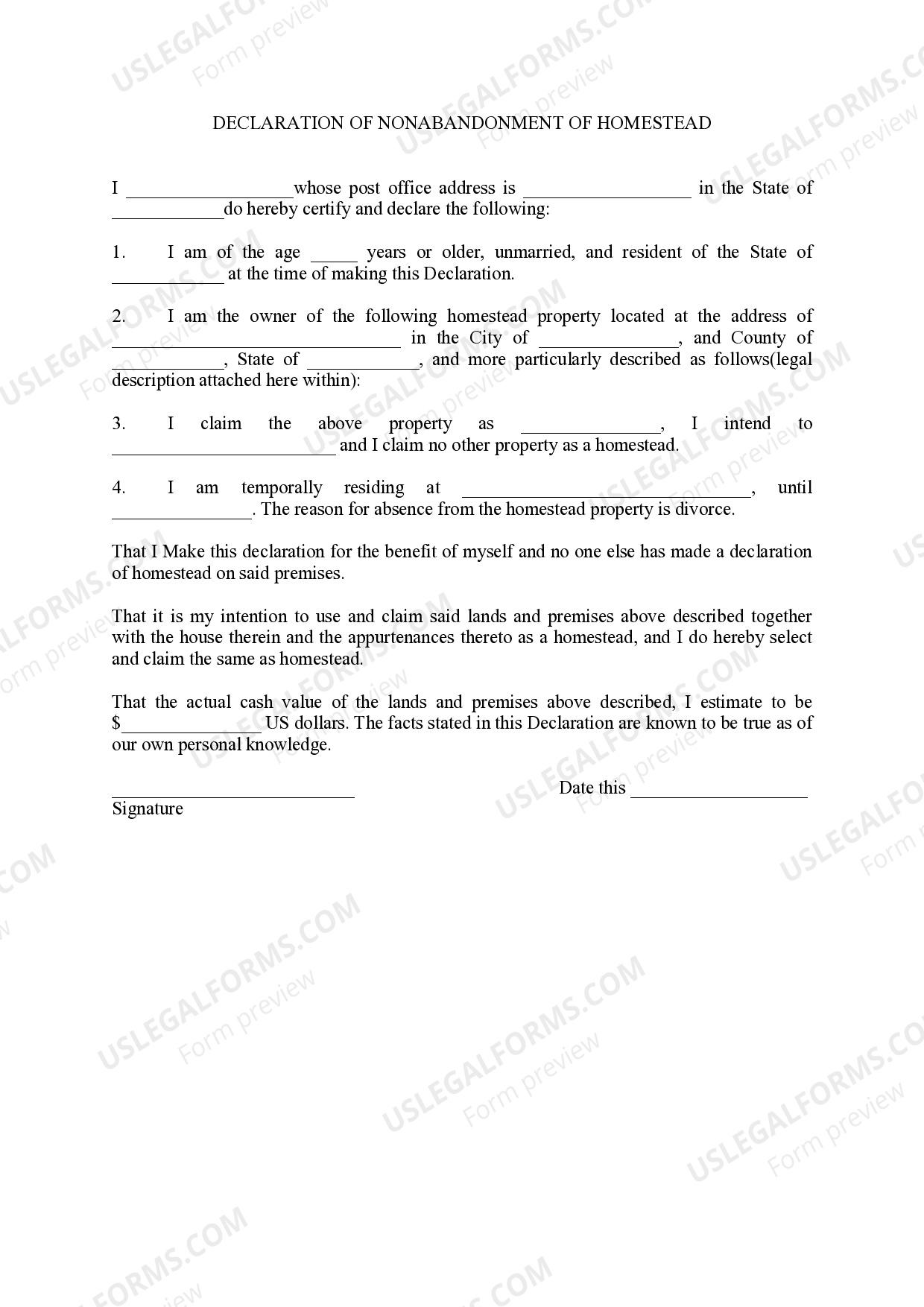 Idaho Declaration of NonAbandonment Of Homestead US Legal Forms
