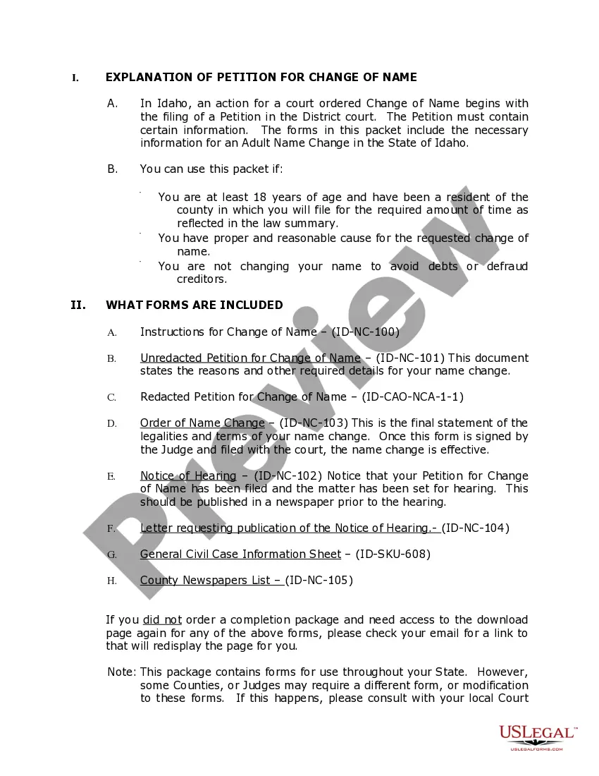 Preview Idaho Name Change Instructions and Forms Package for an Adult