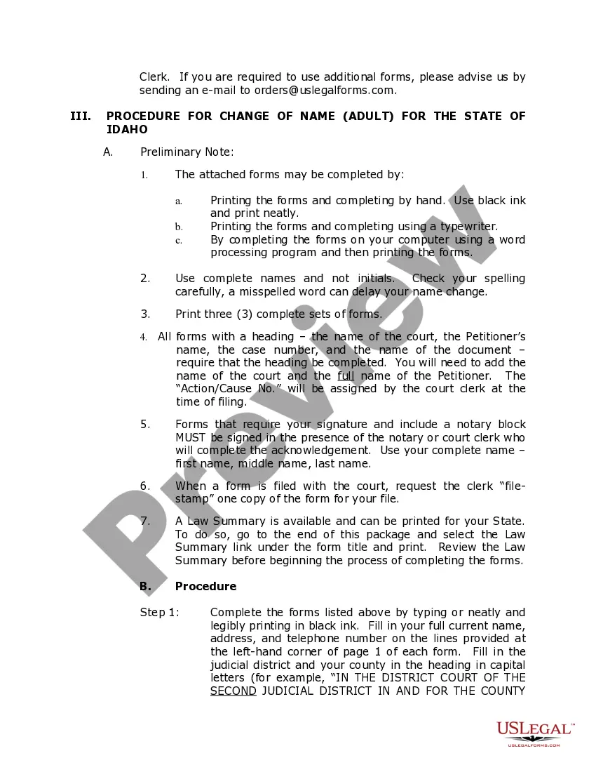 Preview Idaho Name Change Instructions and Forms Package for an Adult