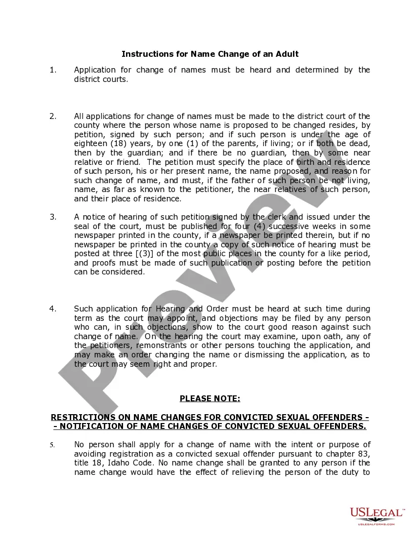 Preview Idaho Name Change Instructions and Forms Package for an Adult