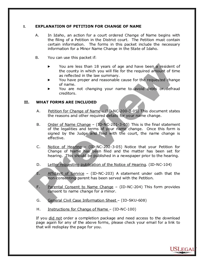 Preview Idaho Name Change Instructions and Forms Package for a Minor