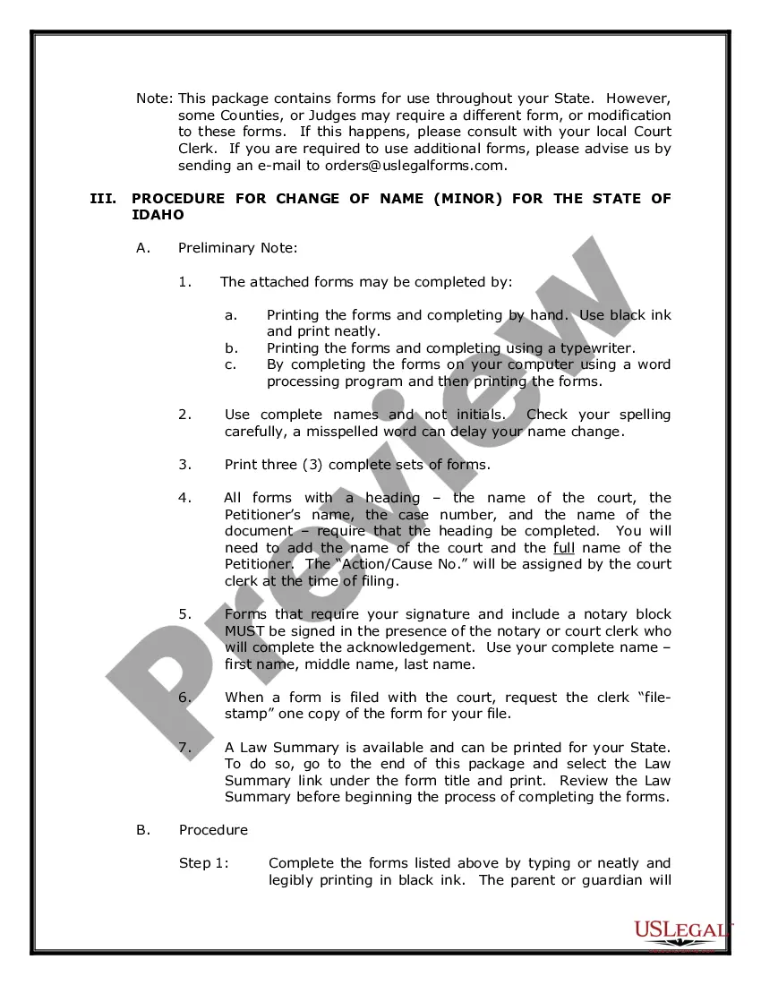 Preview Idaho Name Change Instructions and Forms Package for a Minor
