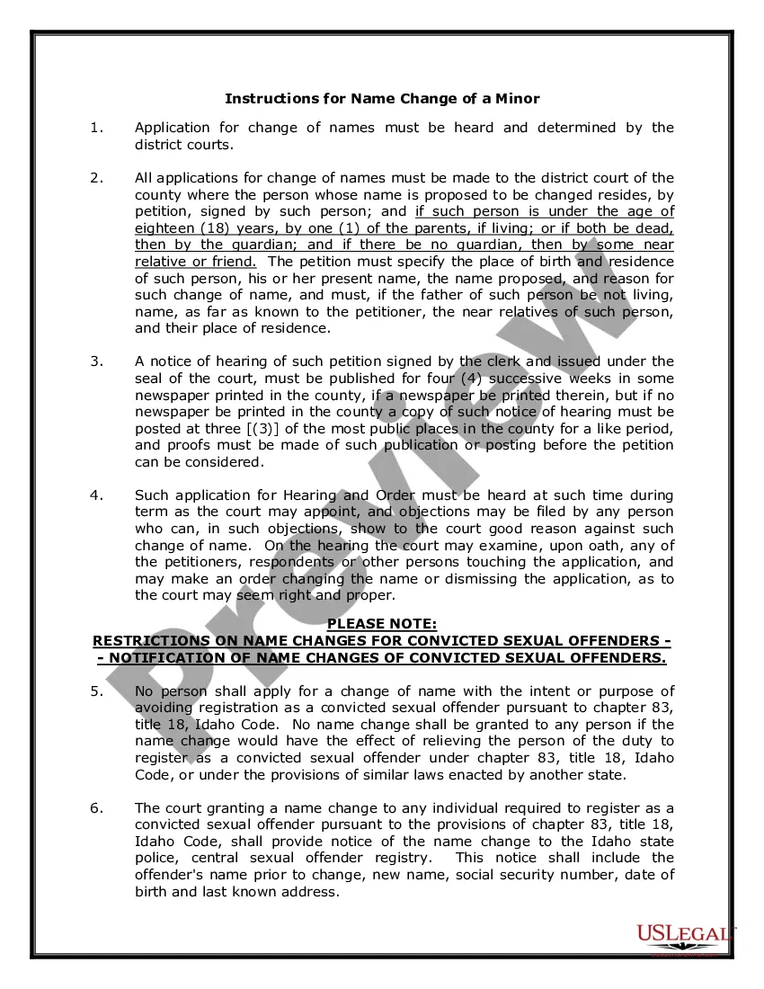 Preview Idaho Name Change Instructions and Forms Package for a Minor