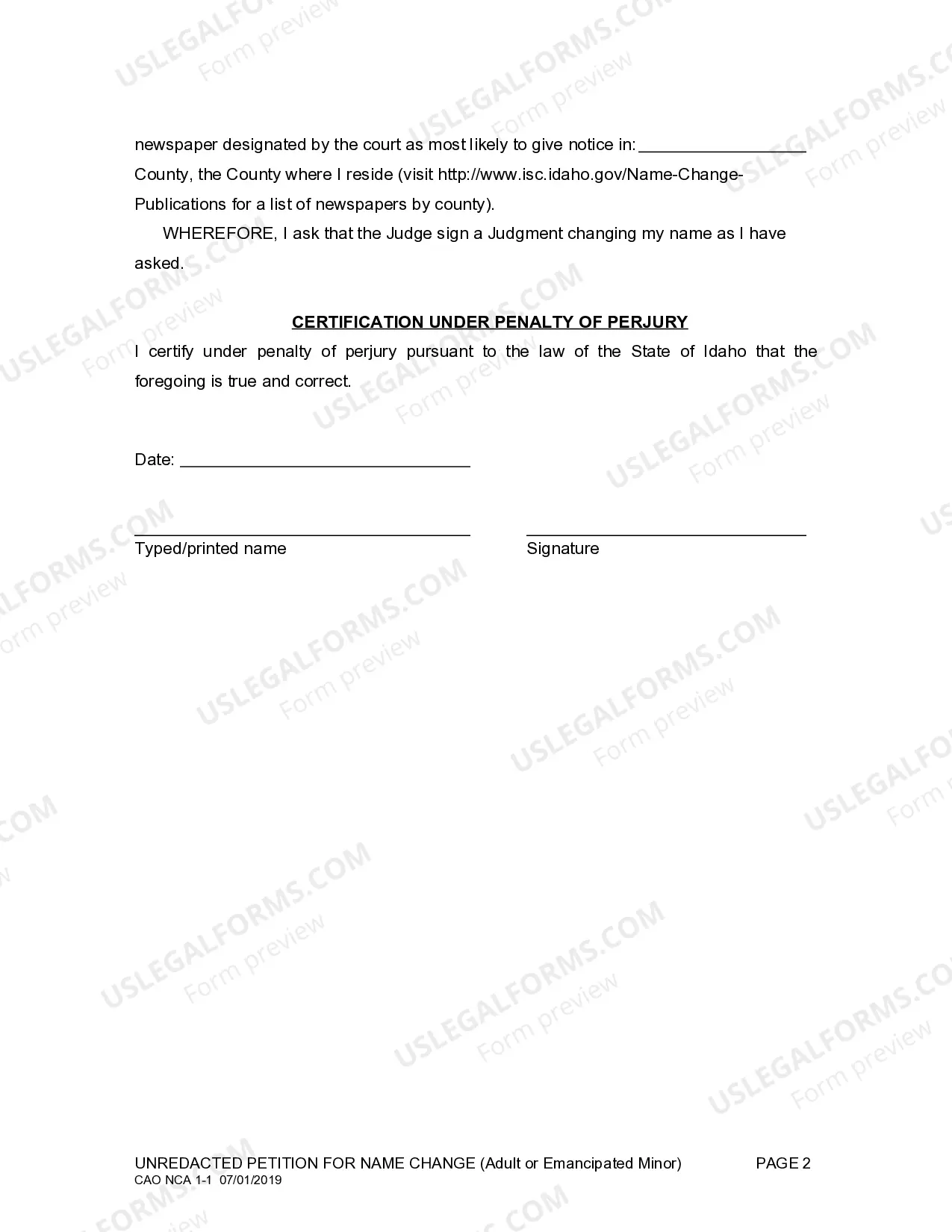 Preview Unredacted Petition for Name Change for Adult or Emancipated Minor