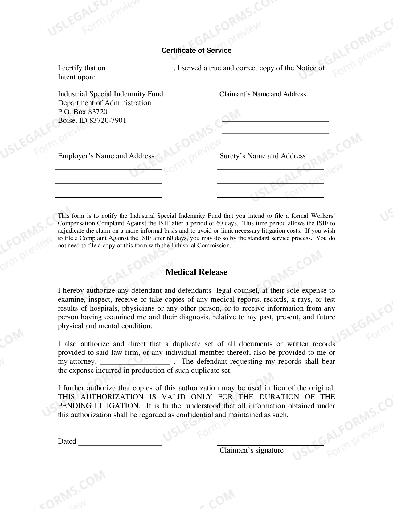 Preview Notice of Intent to File a Workers Compensation Complaint Against the Industrial Special Indemnity Fund (ISIF)