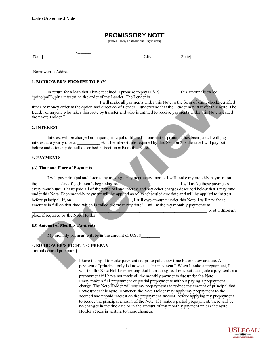form Idaho Unsecured Installment Payment Promissory Note for Fixed Rate preview