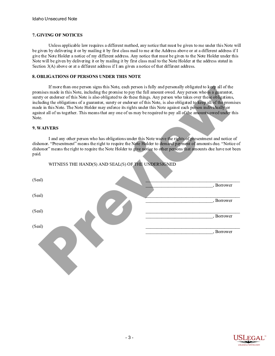 form Idaho Unsecured Installment Payment Promissory Note for Fixed Rate preview