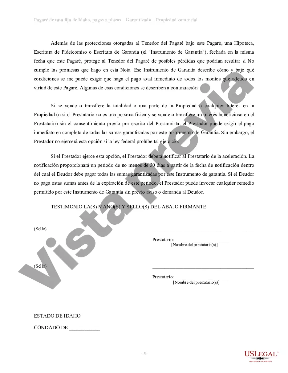 Preview Pagaré a plazos de tasa fija garantizado por bienes raíces comerciales para Idaho