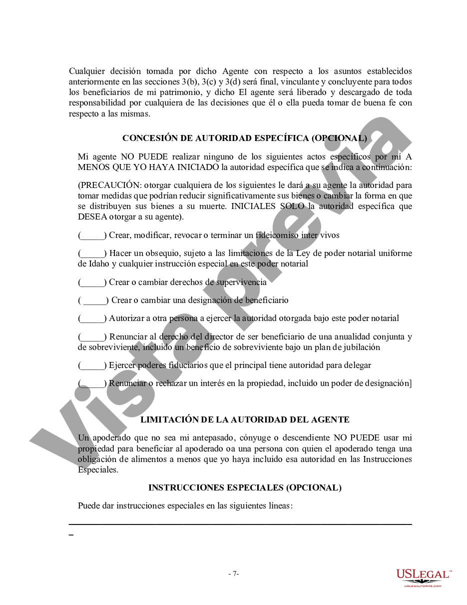 Idaho Poder General Duradero Para Bienes Y Finanzas O Financiero Efectivo Inmediatamente Us 5287