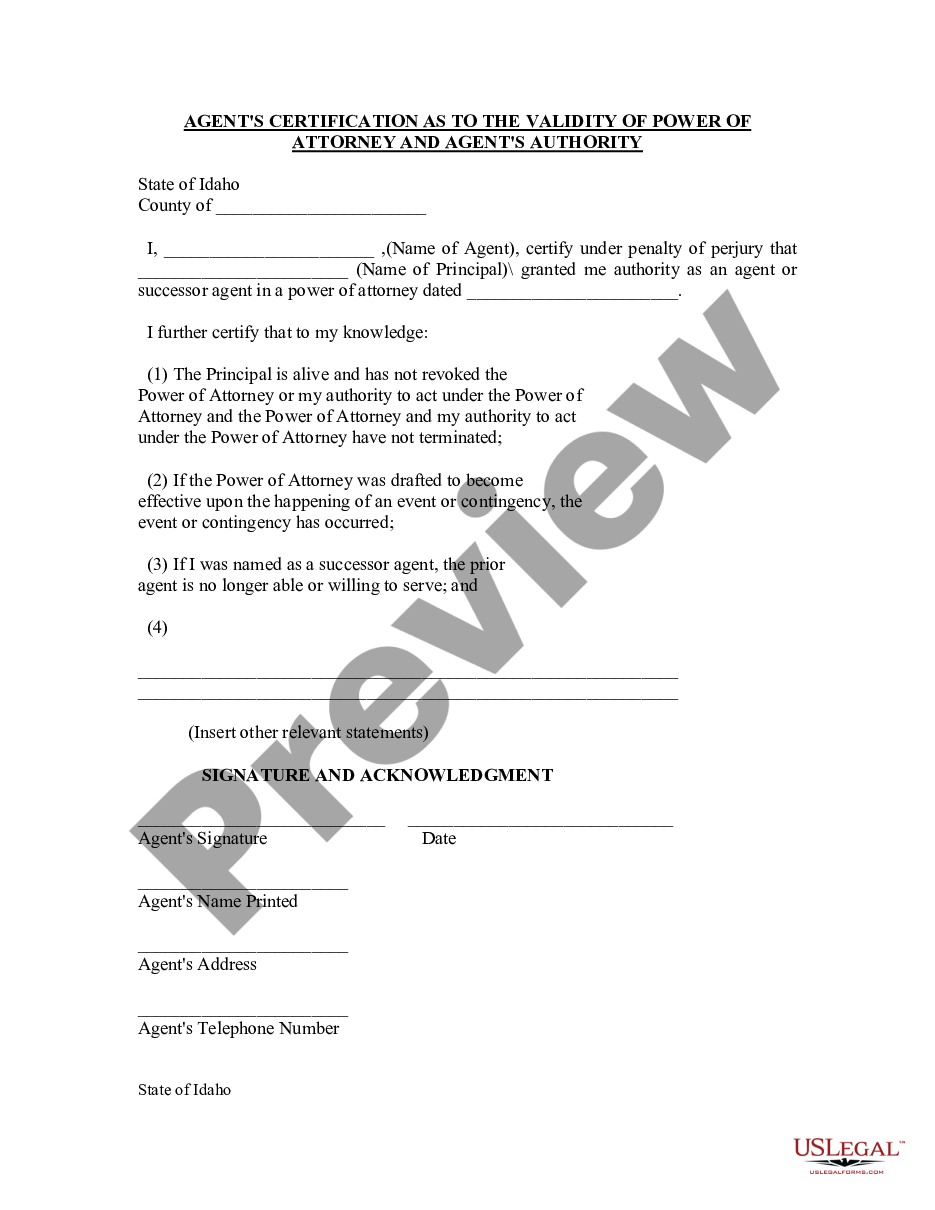 page 0 Agent's Certification as to Validity of Power of Attorney and Agent's Authority preview