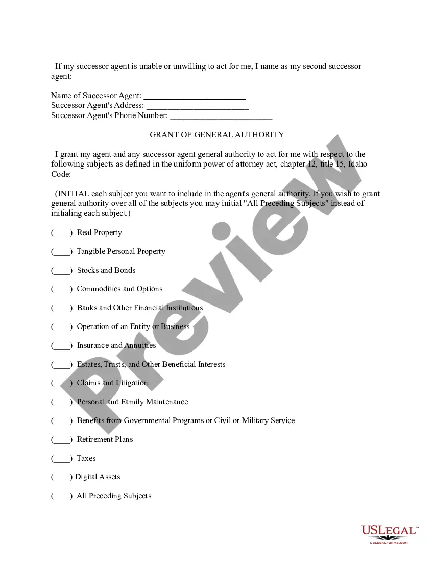 Preview Idaho Statutory Form of General Power of Attorney