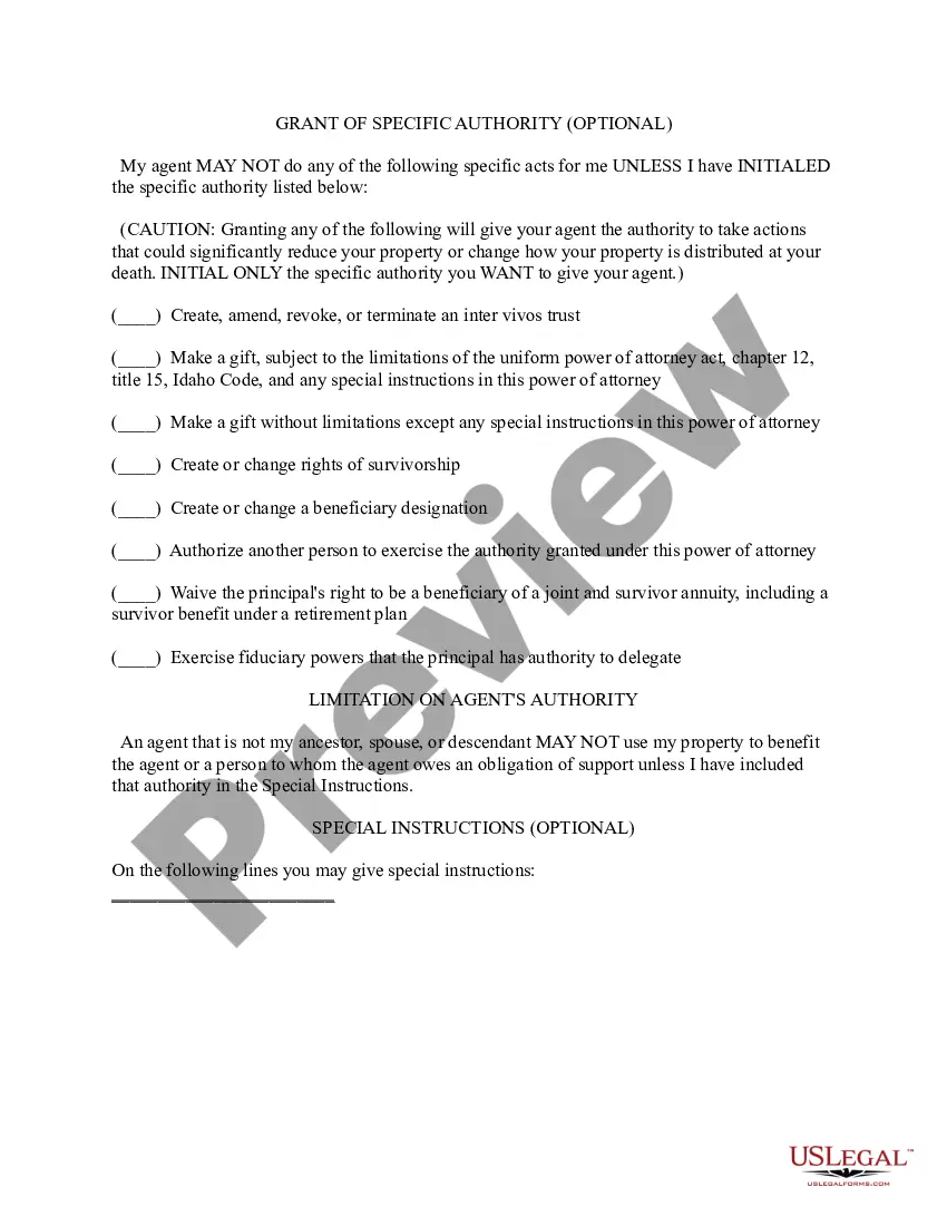 Preview Idaho Statutory Form of General Power of Attorney