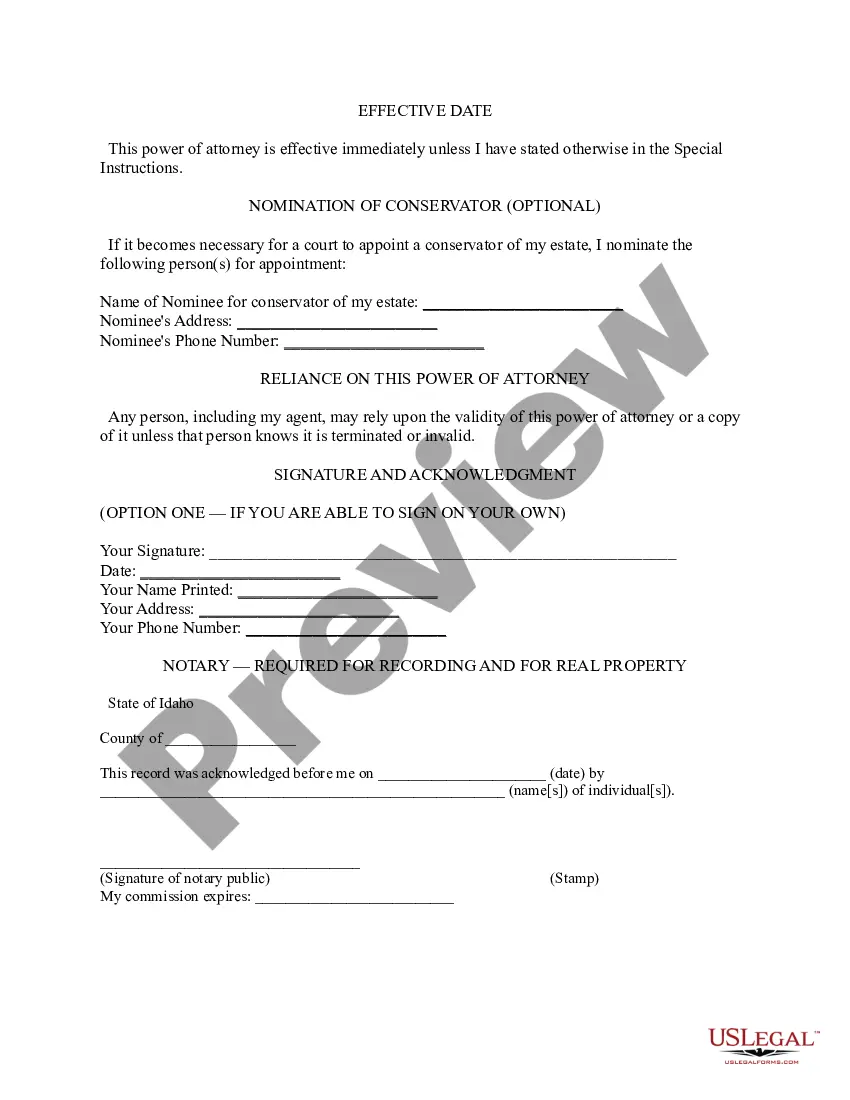 Preview Idaho Statutory Form of General Power of Attorney