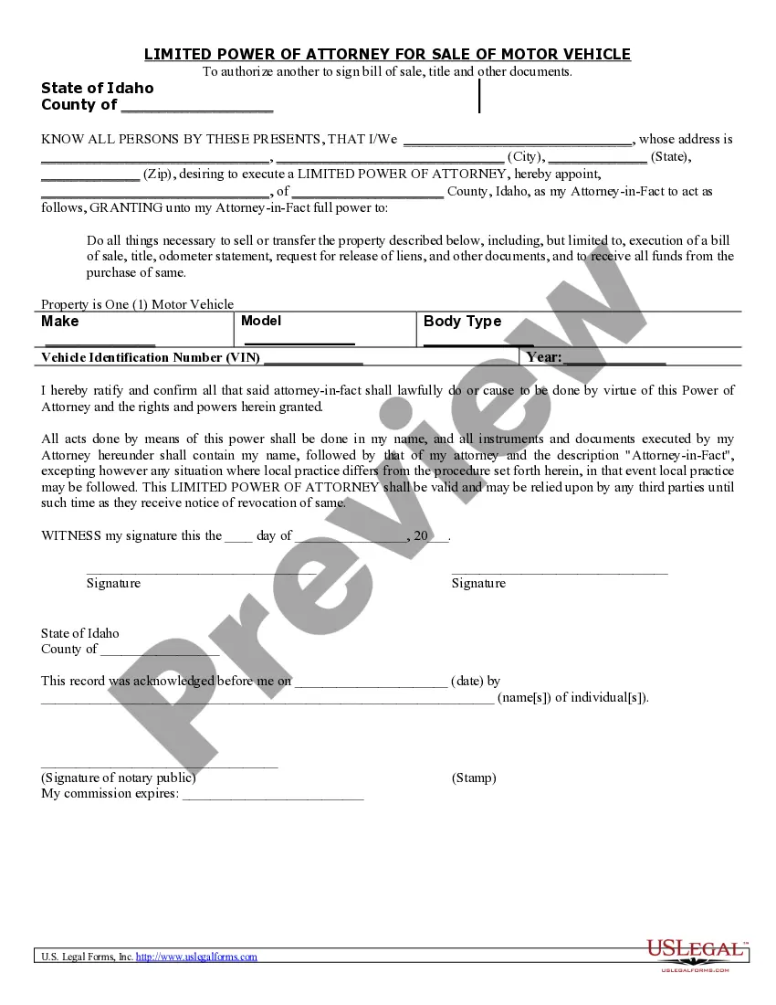 Preview Power of Attorney for Sale of Motor Vehicle