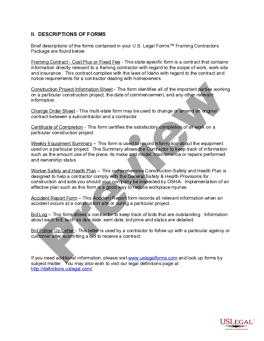 Preview Idaho Framing Contractor Package