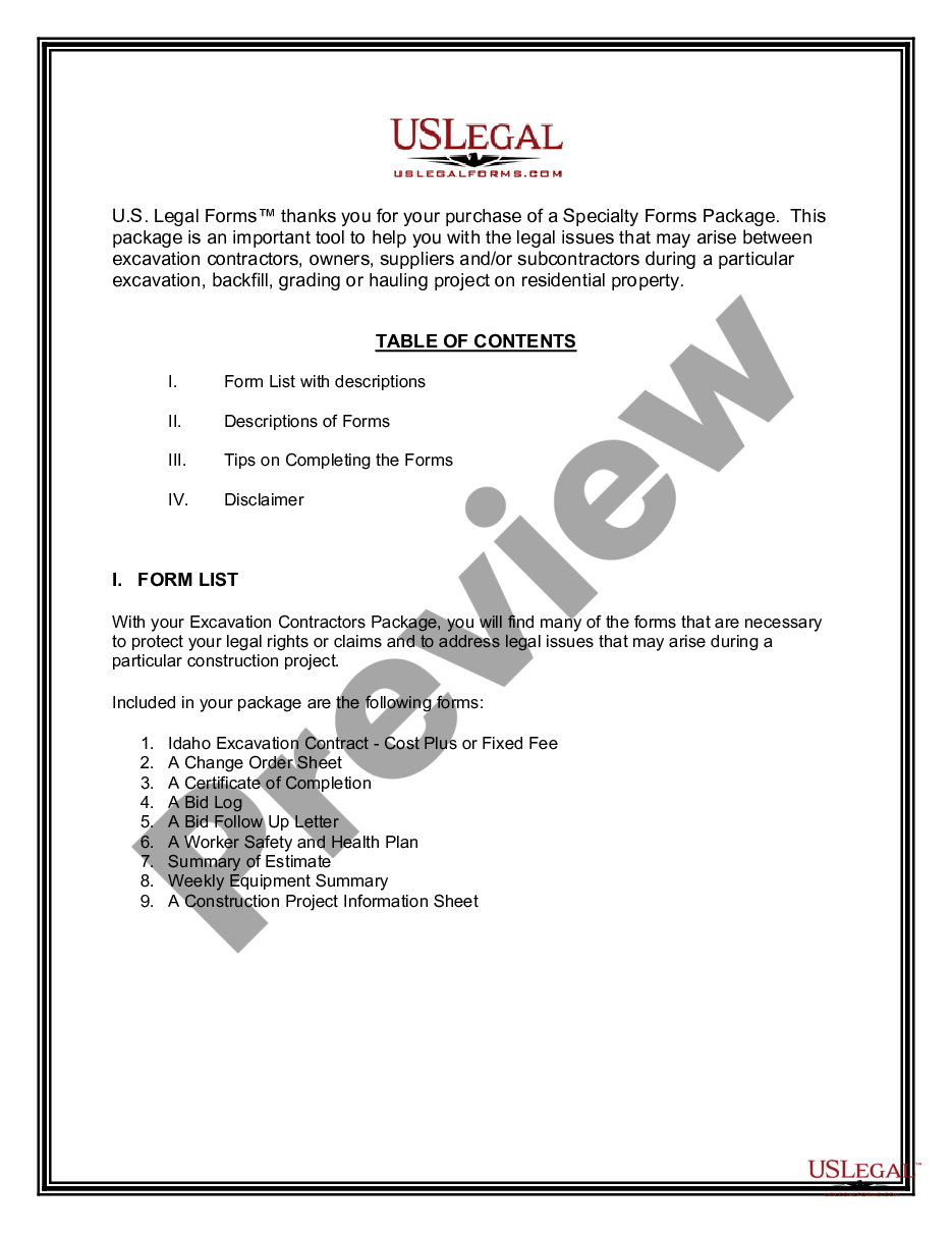 page 1 Excavation Contractor Package preview