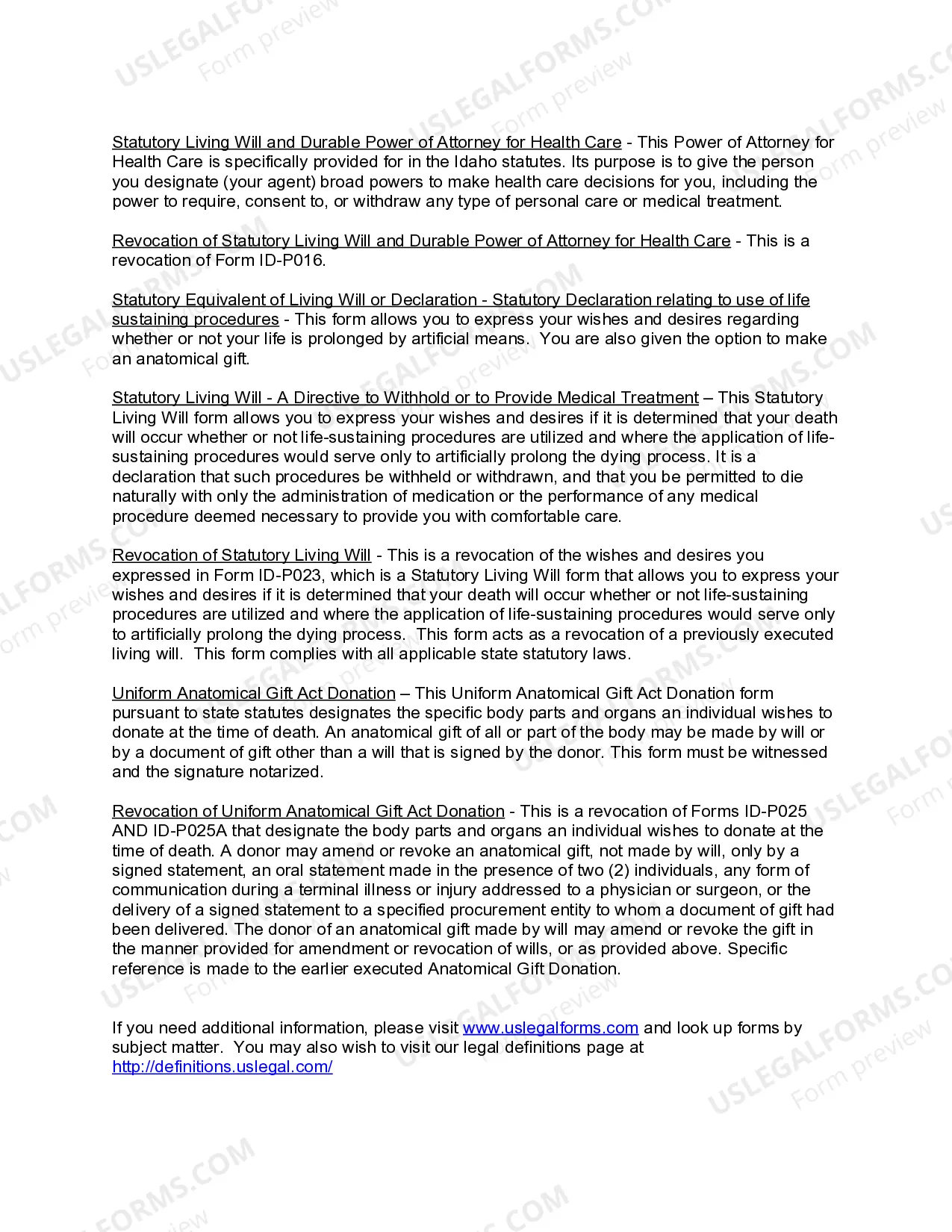 Preview Idaho Living Wills and Health Care Package