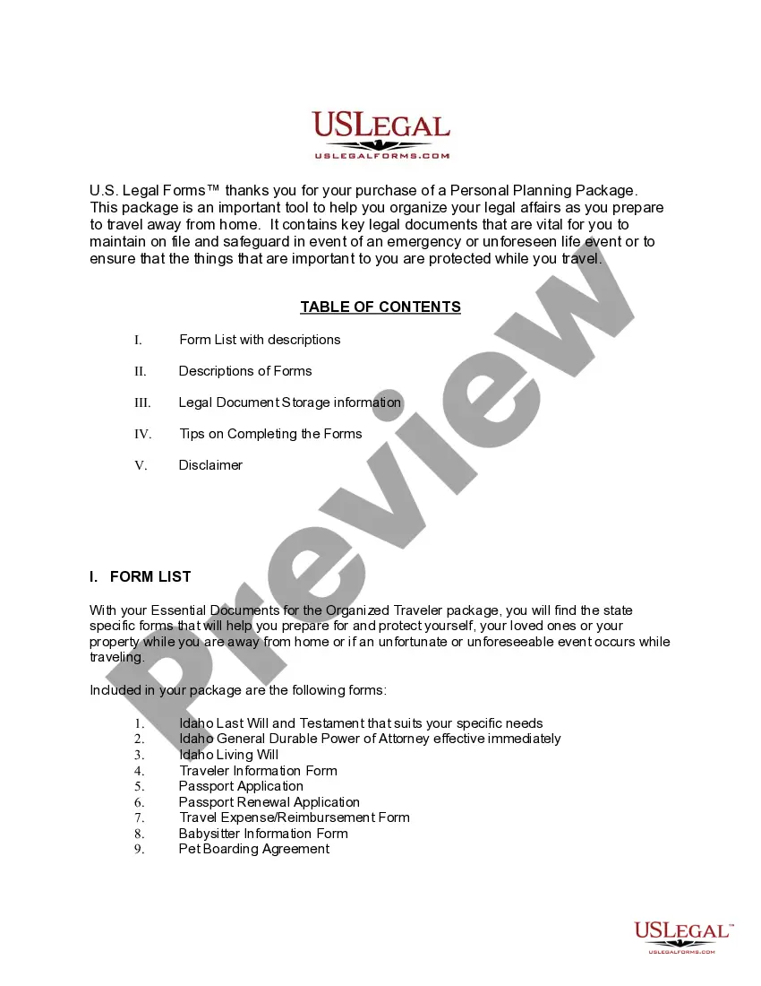 Preview Idaho Essential Documents for the Organized Traveler Package
