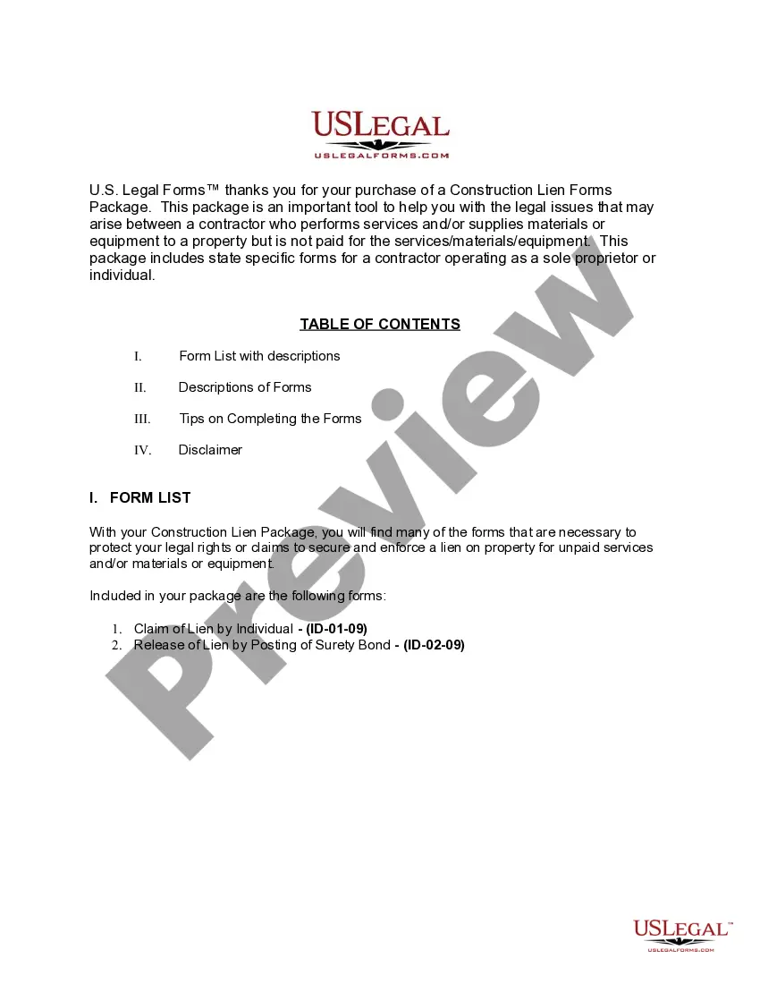 Preview Idaho Construction or Mechanics Lien Package - Individual