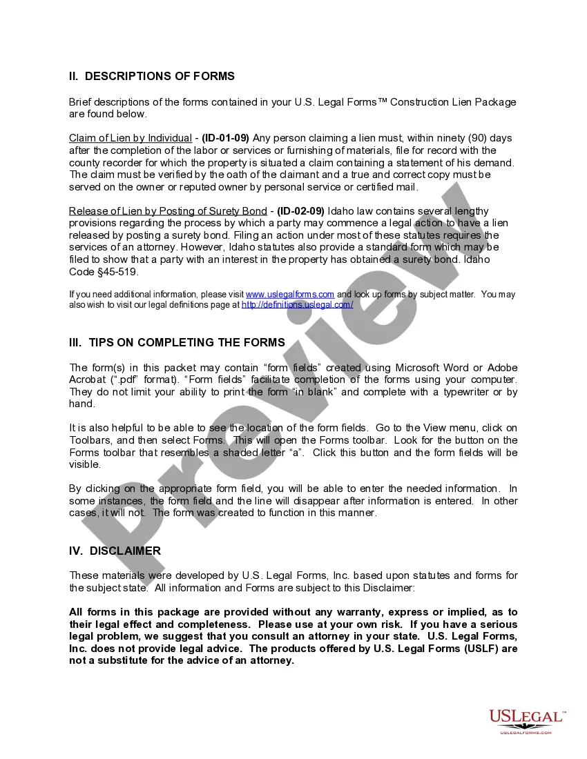 Preview Idaho Construction or Mechanics Lien Package - Individual