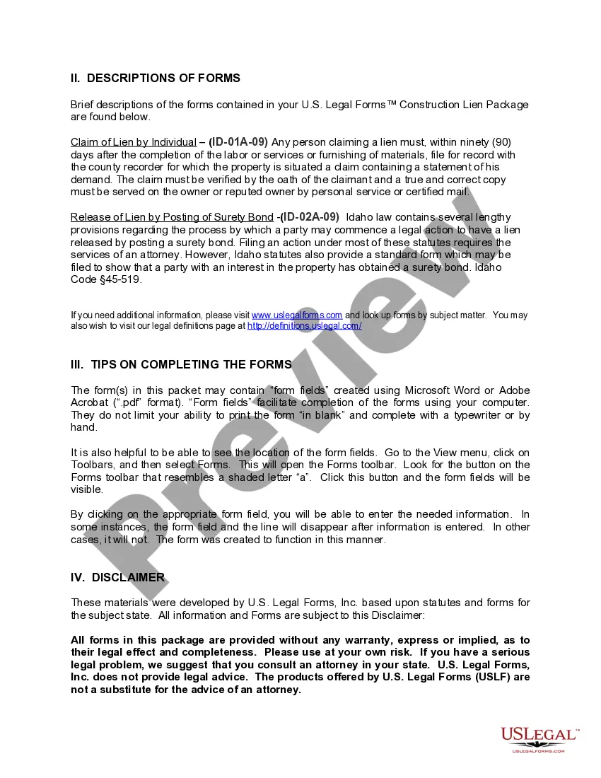 Get Idaho Construction or Mechanics Lien Package - Corporation or LLC Preview Idaho Construction or Mechanics Lien Package - Corporation or LLC