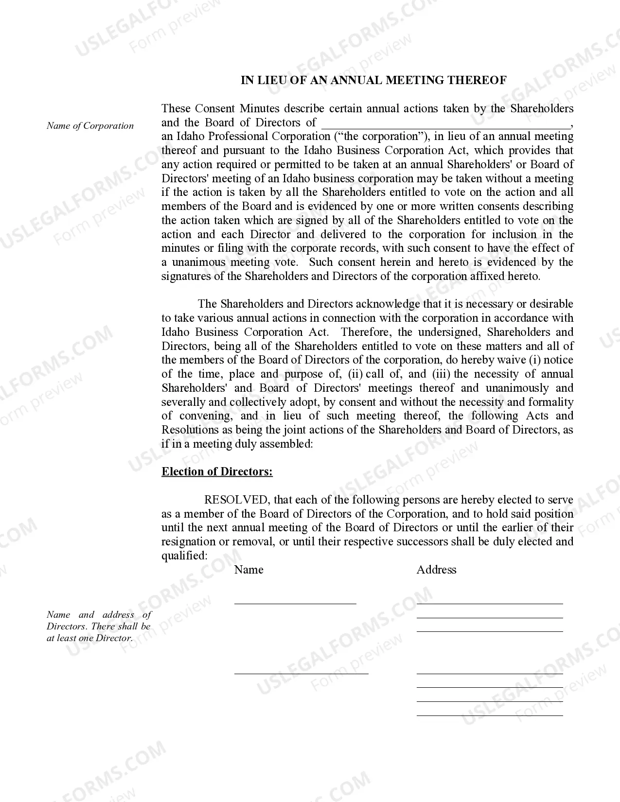 Preview Annual Minutes for an Idaho Professional Corporation