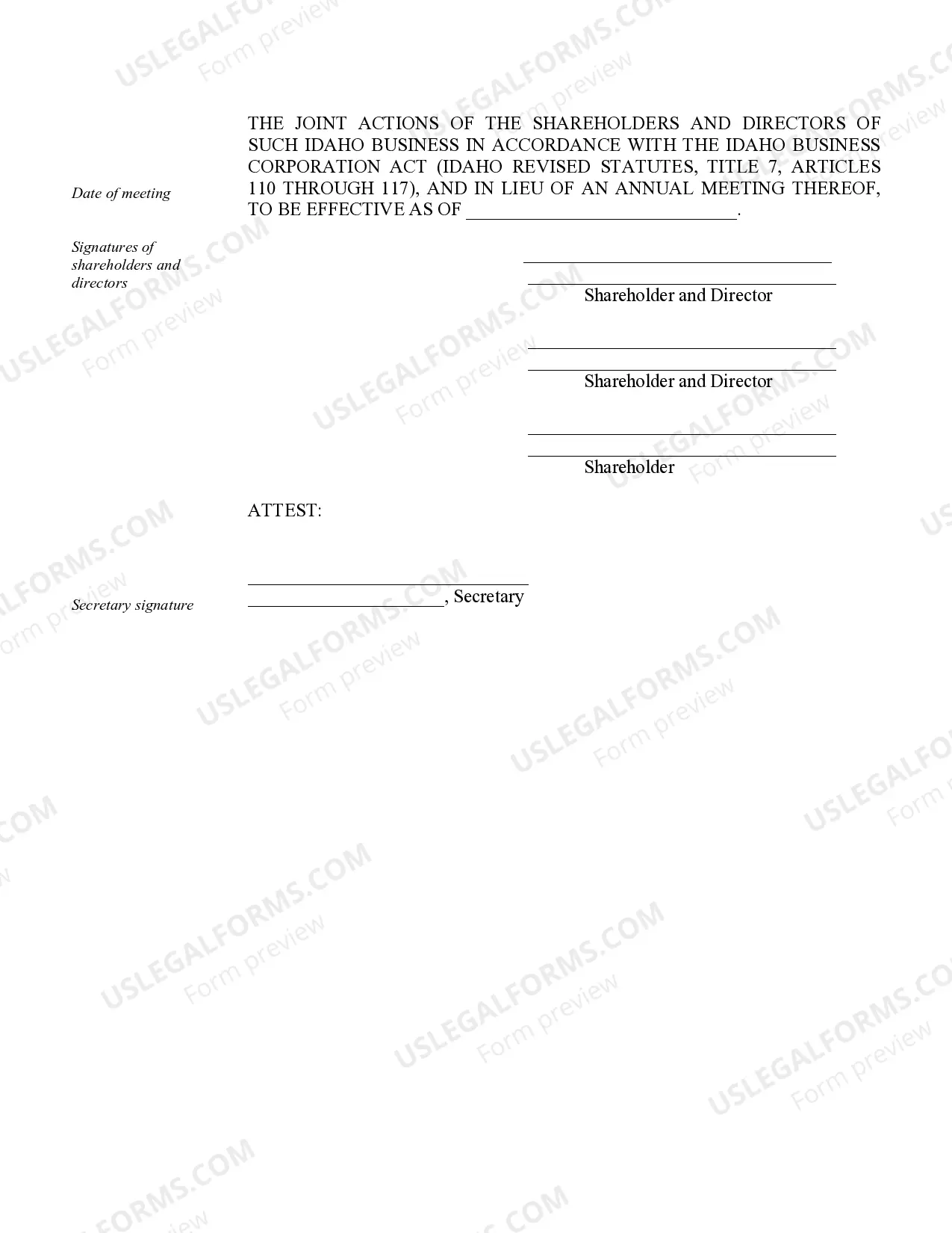 Preview Annual Minutes for an Idaho Professional Corporation