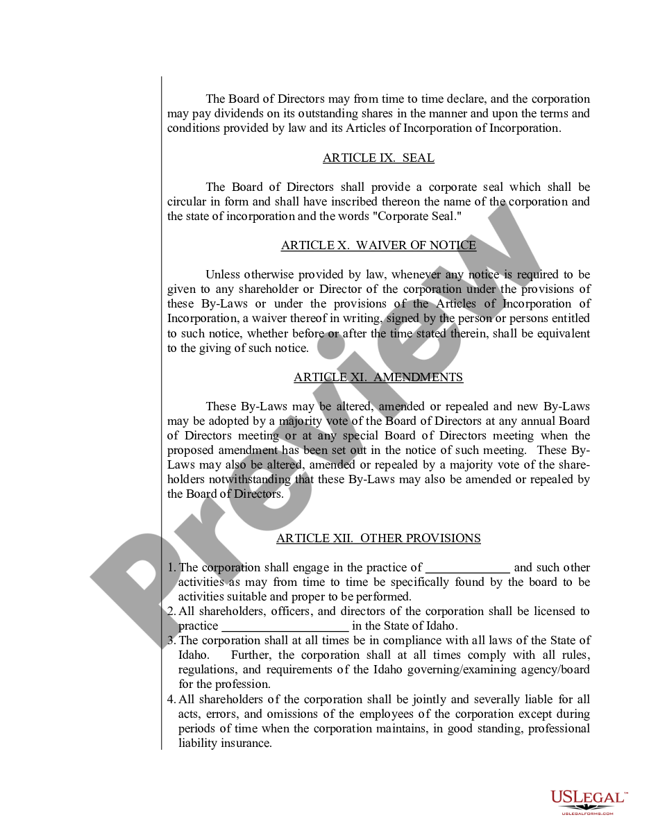 page 9 Sample Bylaws for an Idaho Professional Corporation preview
