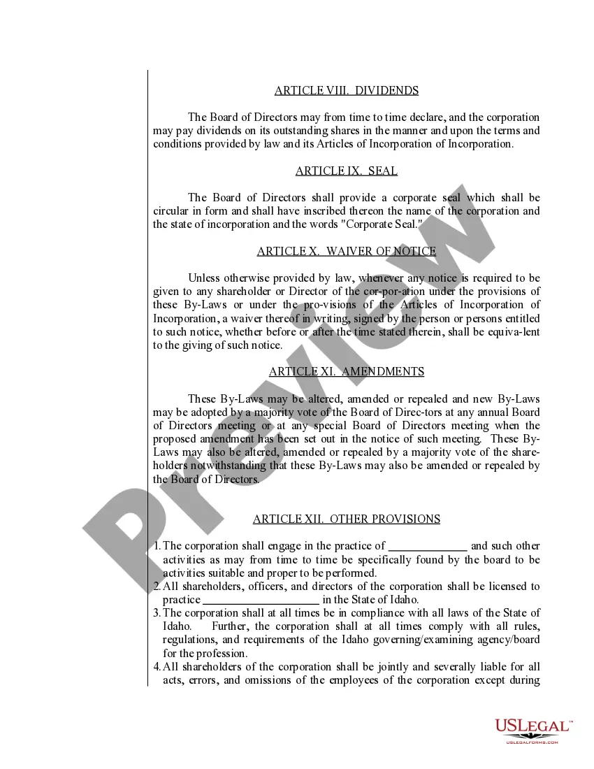Preview Sample Bylaws for an Idaho Professional Corporation