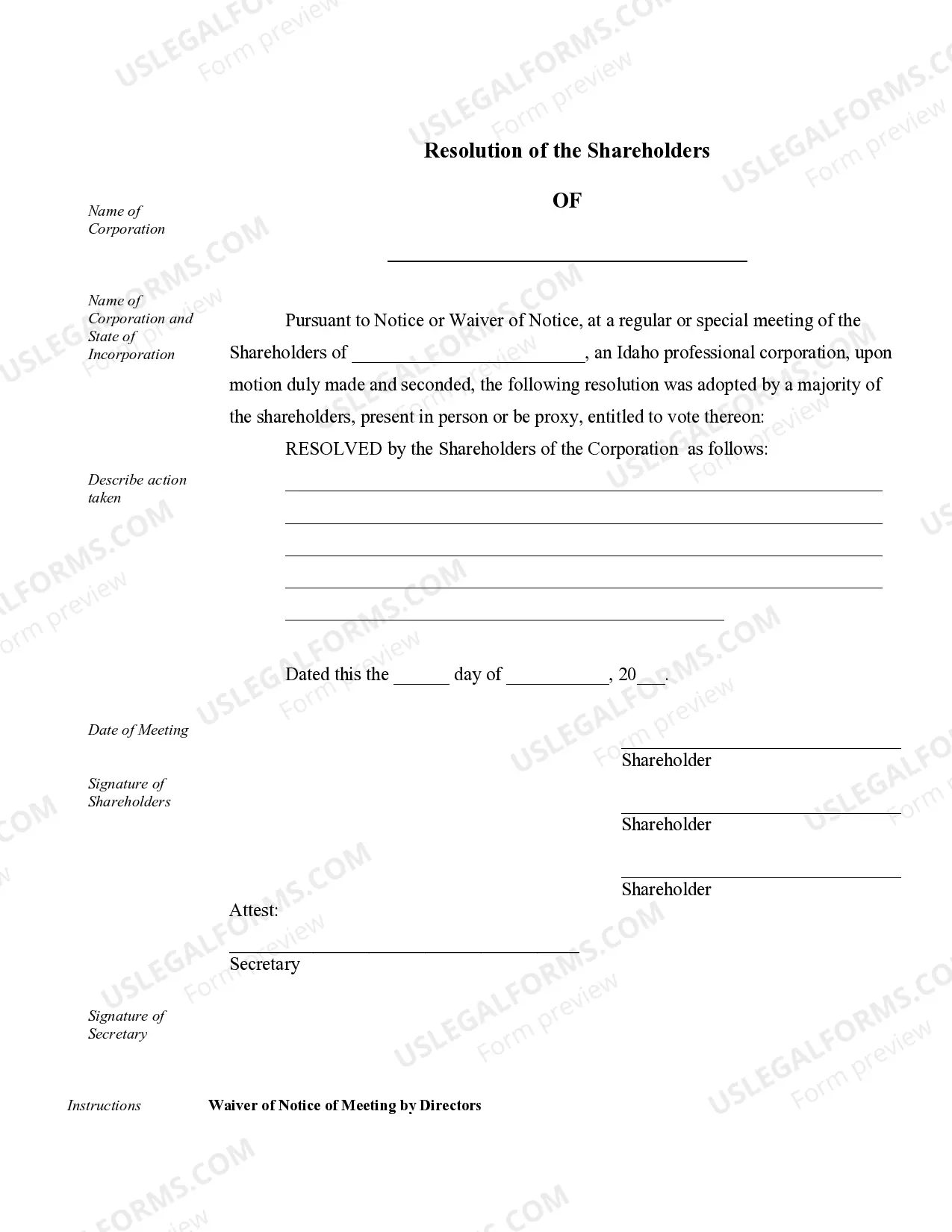 Preview Sample Corporate Records for an Idaho Professional Corporation