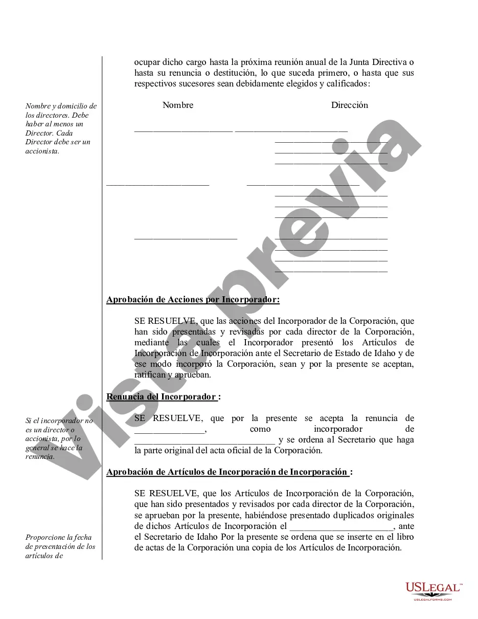 Preview Actas organizativas para una corporación profesional de Idaho