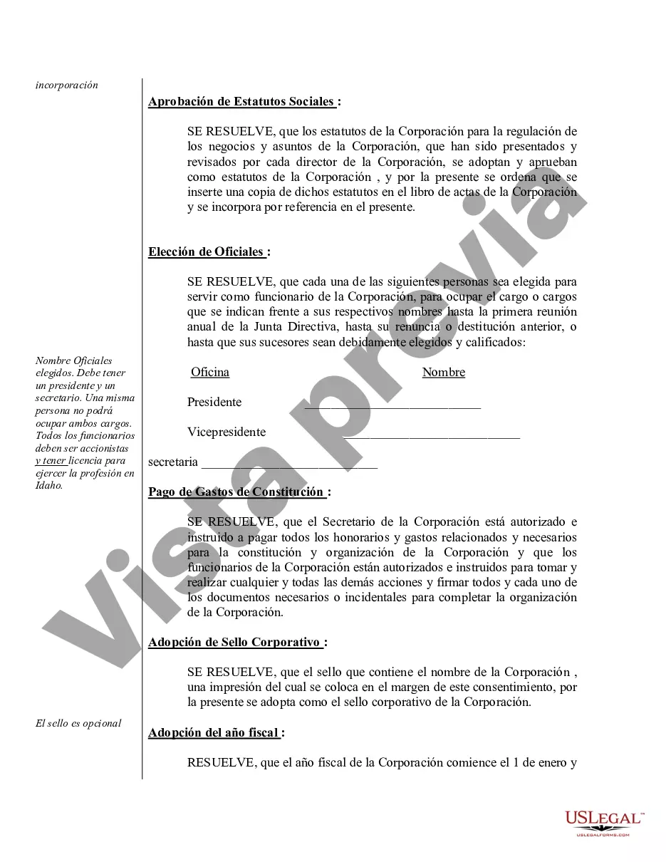 Preview Actas organizativas para una corporación profesional de Idaho