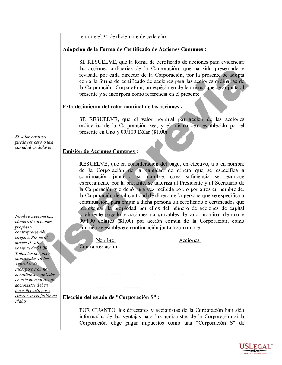 Preview Actas organizativas para una corporación profesional de Idaho