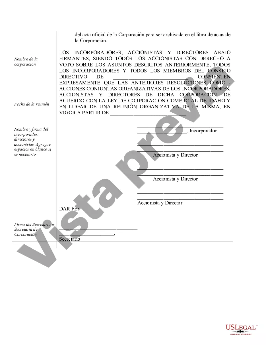 Preview Actas organizativas para una corporación profesional de Idaho