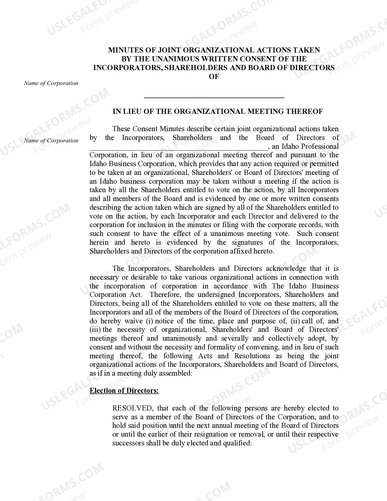 Preview Organizational Minutes for an Idaho Professional Corporation