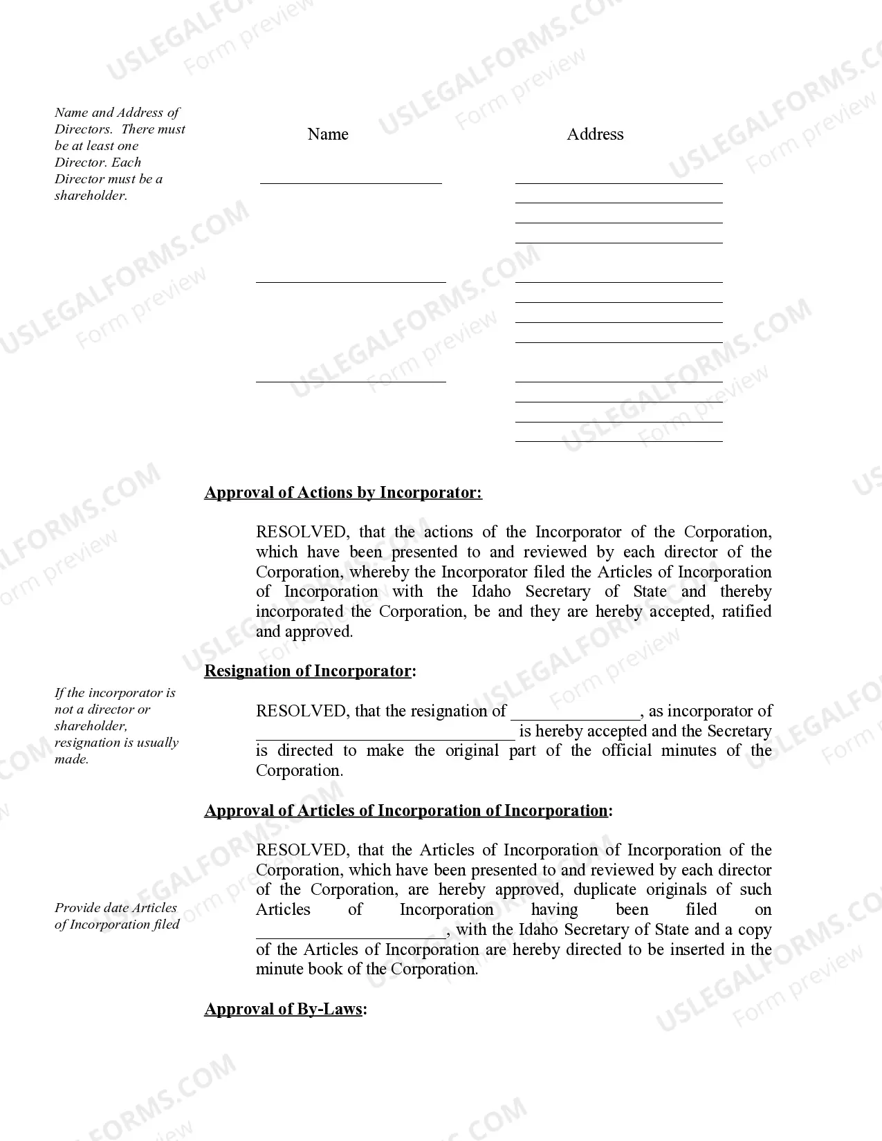 Preview Organizational Minutes for an Idaho Professional Corporation