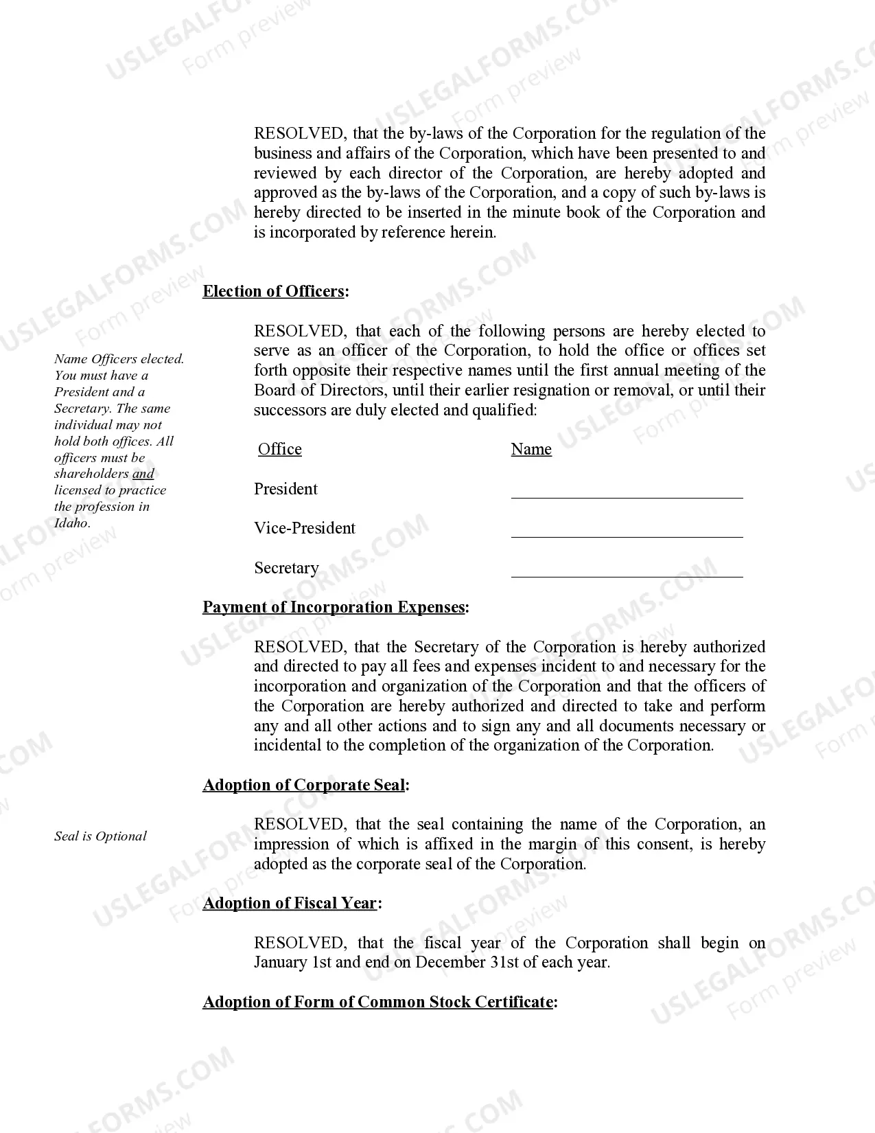 Preview Organizational Minutes for an Idaho Professional Corporation