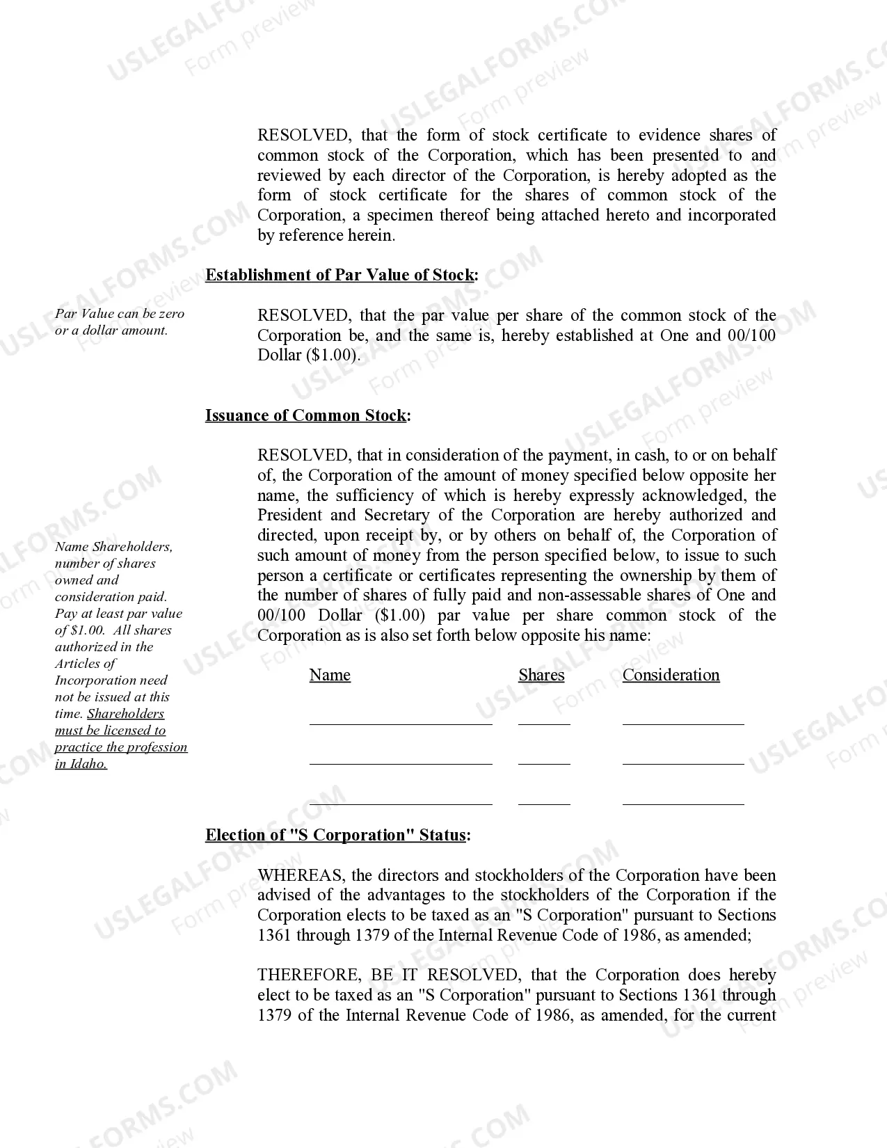 Preview Organizational Minutes for an Idaho Professional Corporation