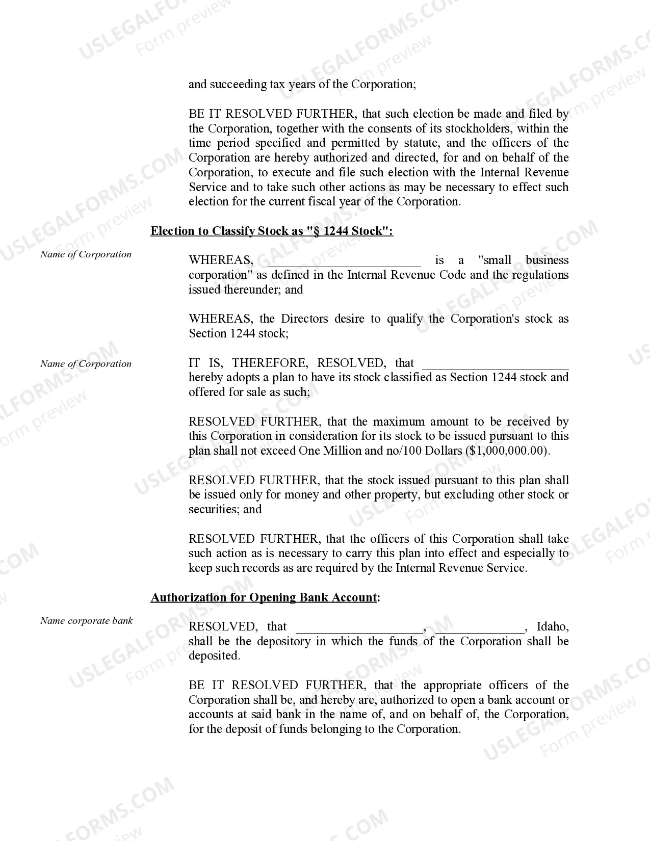 Preview Organizational Minutes for an Idaho Professional Corporation