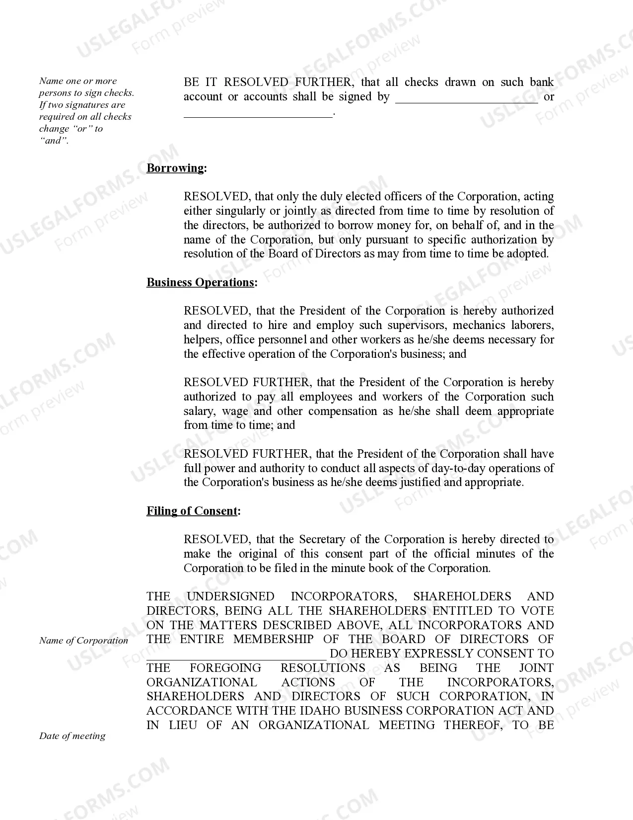 Preview Organizational Minutes for an Idaho Professional Corporation