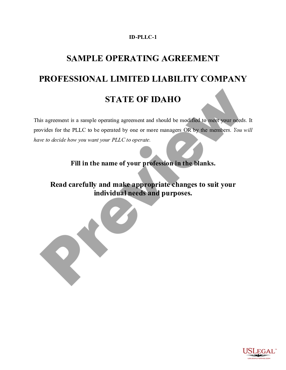 page 0 Sample Operating Agreement for an Idaho Professional Limited Liability Company PLLC preview