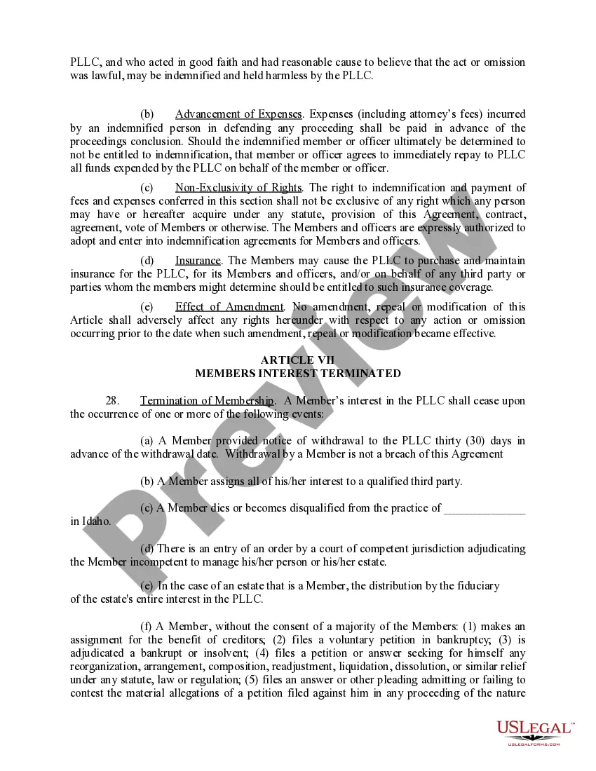 Preview Sample Operating Agreement for an Idaho Professional Limited Liability Company PLLC