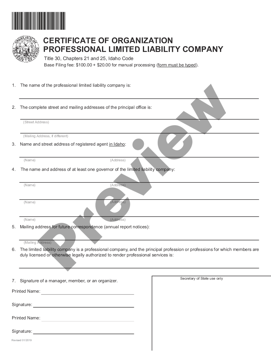 page 0 Articles of Organization for an Idaho Professional Limited Liability Company PLLC preview