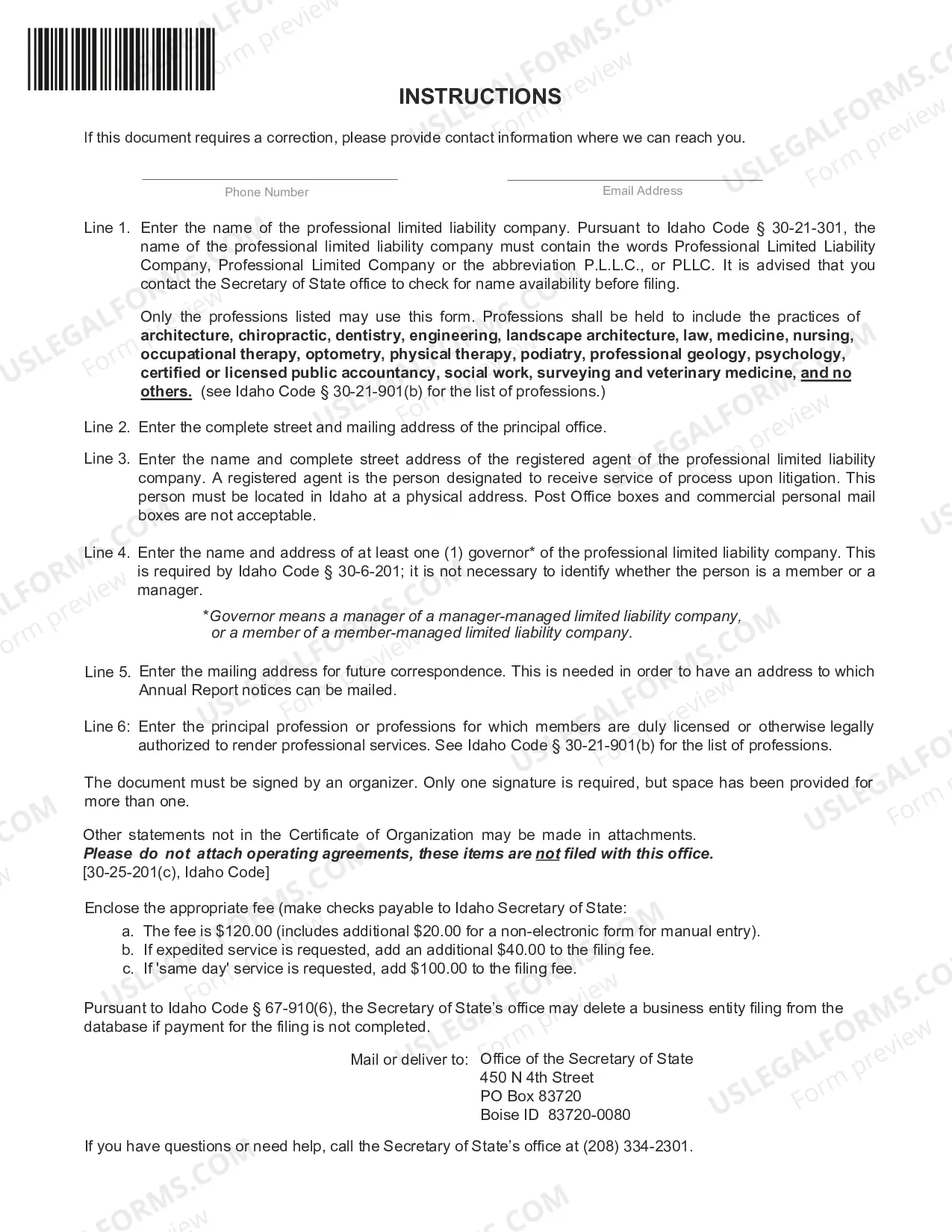 Preview Articles of Organization for an Idaho Professional Limited Liability Company PLLC