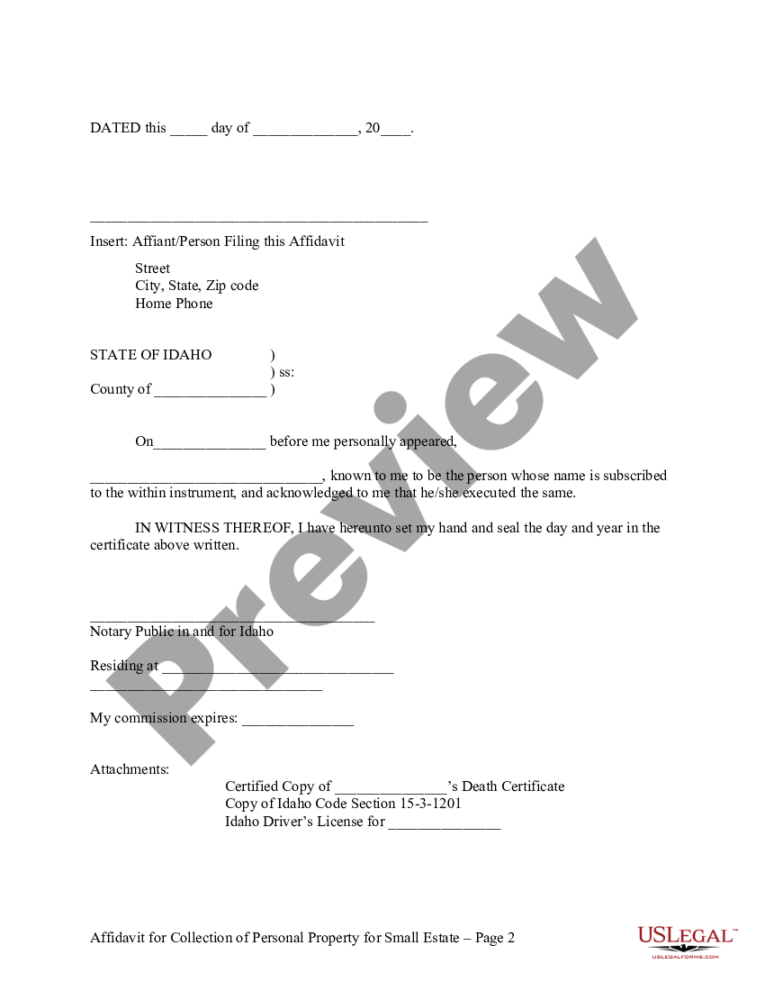 Idaho Affidavit For Collection Of Personal Property Pursuant To Small Estate Proceeding Us 7289