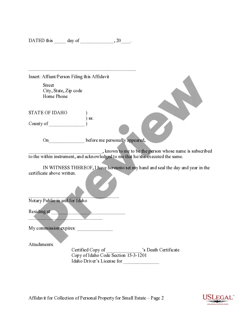 Preview Affidavit for Collection of Personal Property Pursuant to Small Estate Proceeding