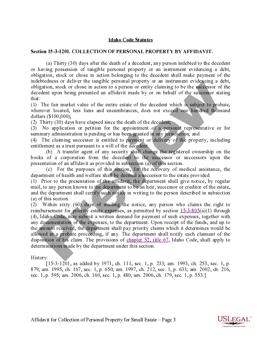 Preview Affidavit for Collection of Personal Property Pursuant to Small Estate Proceeding