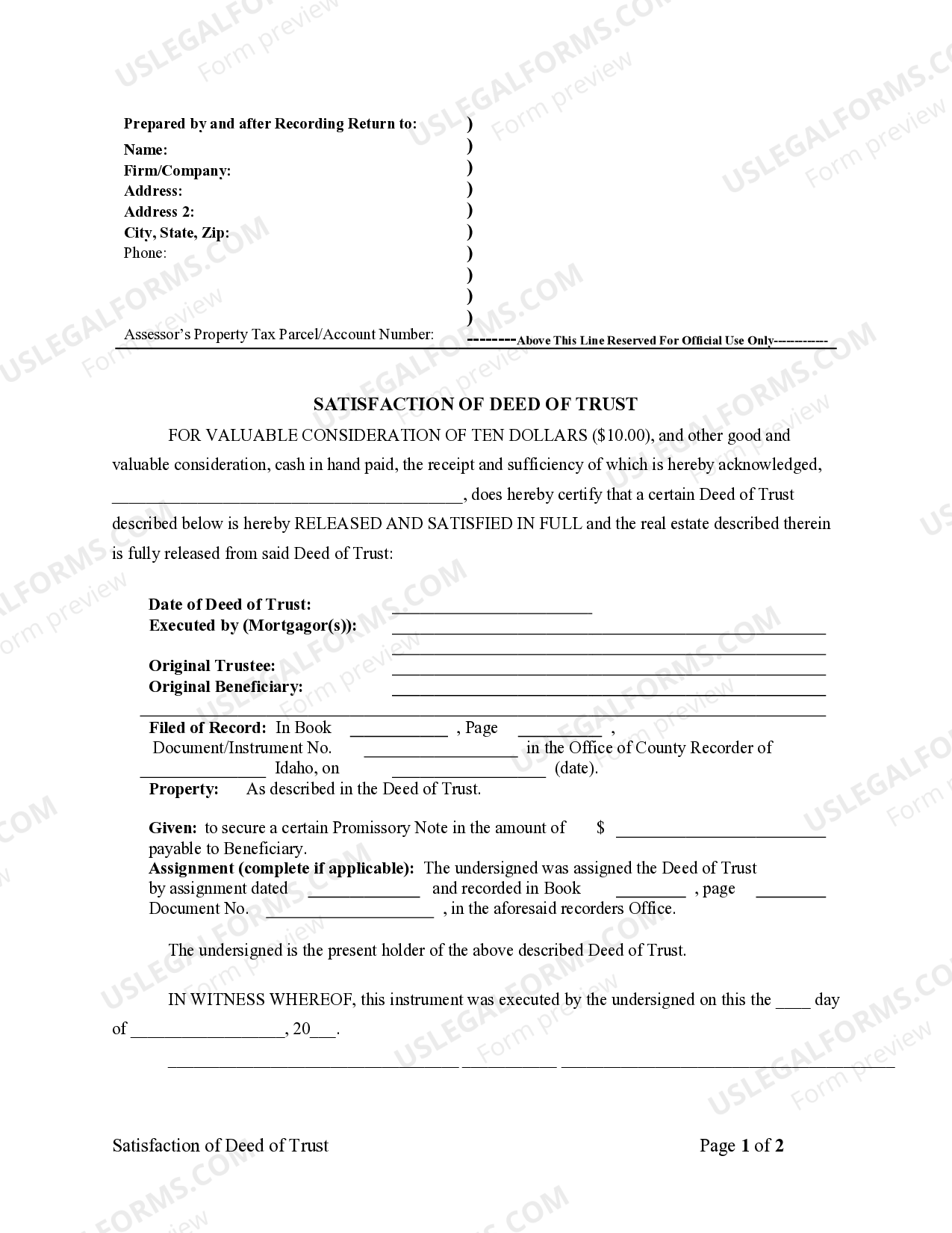 Idaho Satisfaction Deed Of Trust Idaho US Legal Forms
