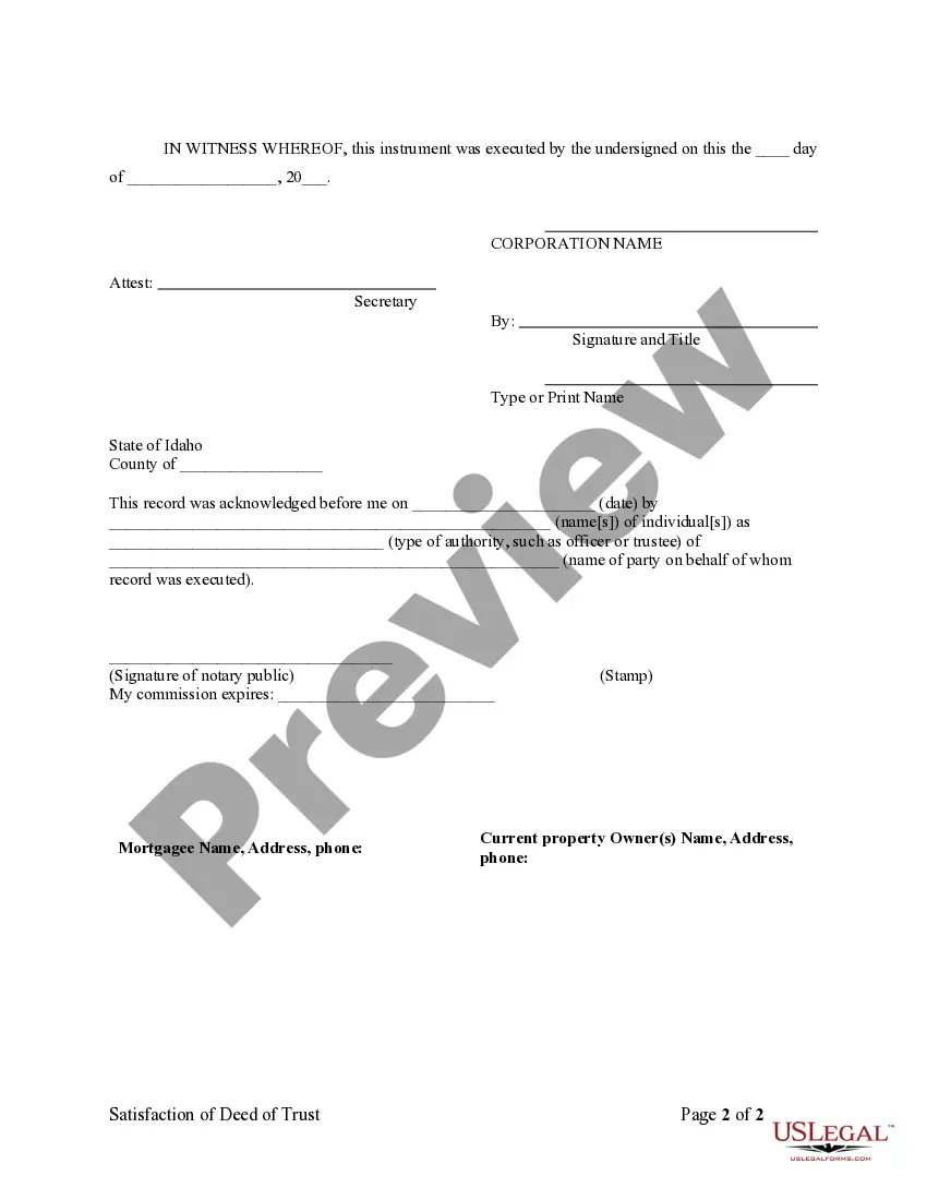 Preview Satisfaction, Release or Cancellation of Deed of Trust by Corporation